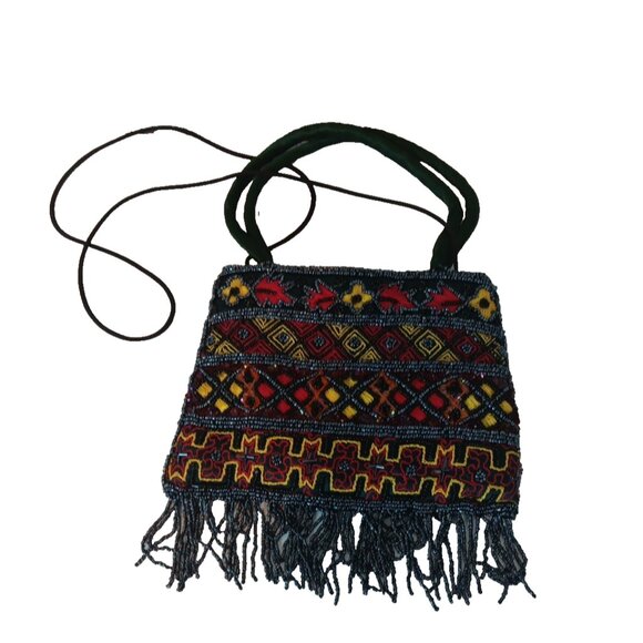 Vintage Beaded Clutch Bag Purse Handbag Black Red Yellow Beaded Fringe - Picture 1 of 6